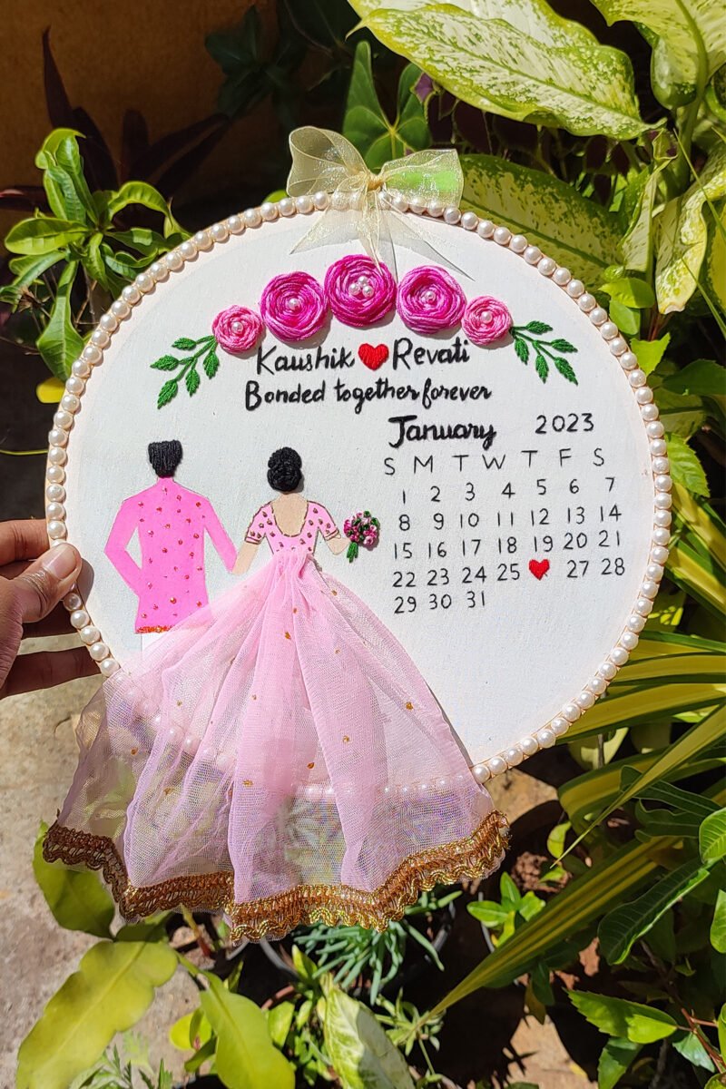 Customizable Bride & Groom Calendar Embroidered Hoop Art
