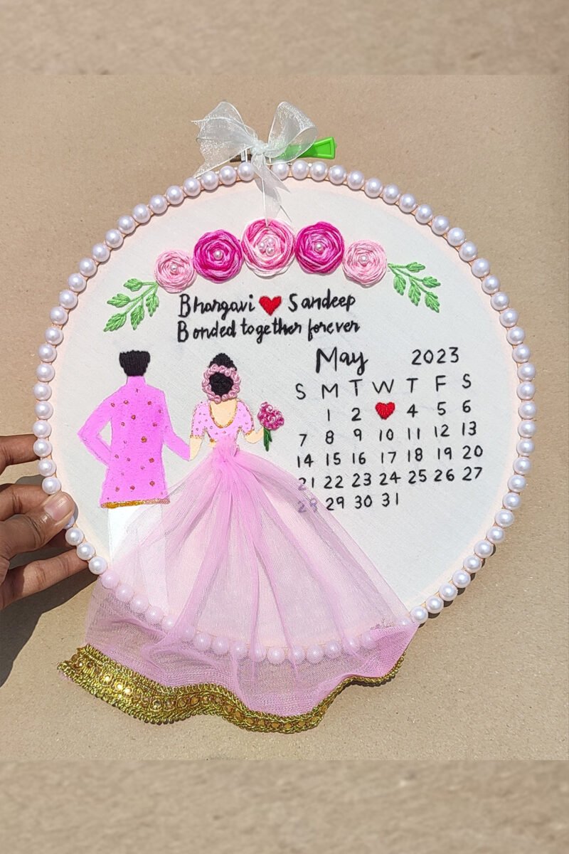 Customizable Bride & Groom Calendar Embroidered Hoop Art - Image 2