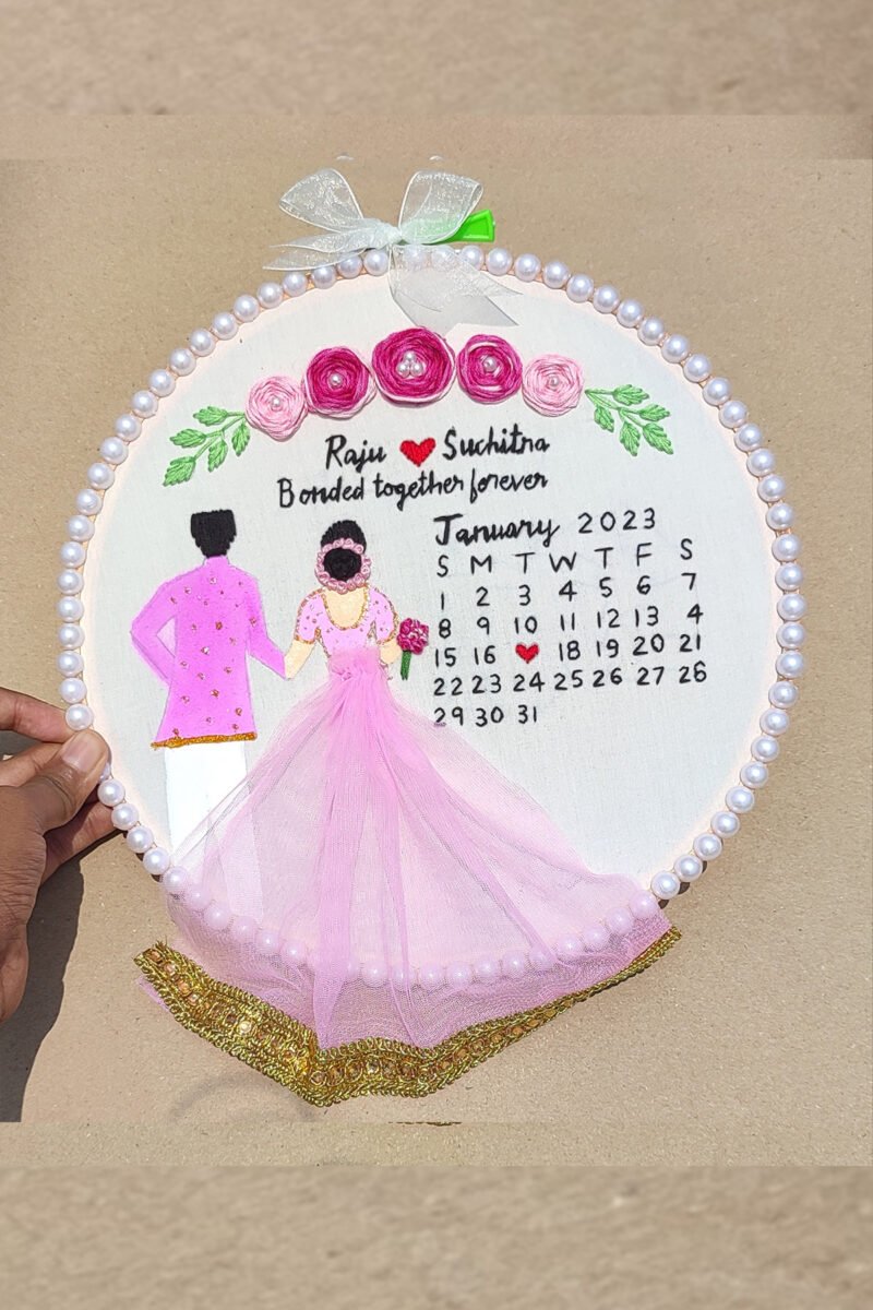 Customizable Bride & Groom Calendar Embroidered Hoop Art - Image 3